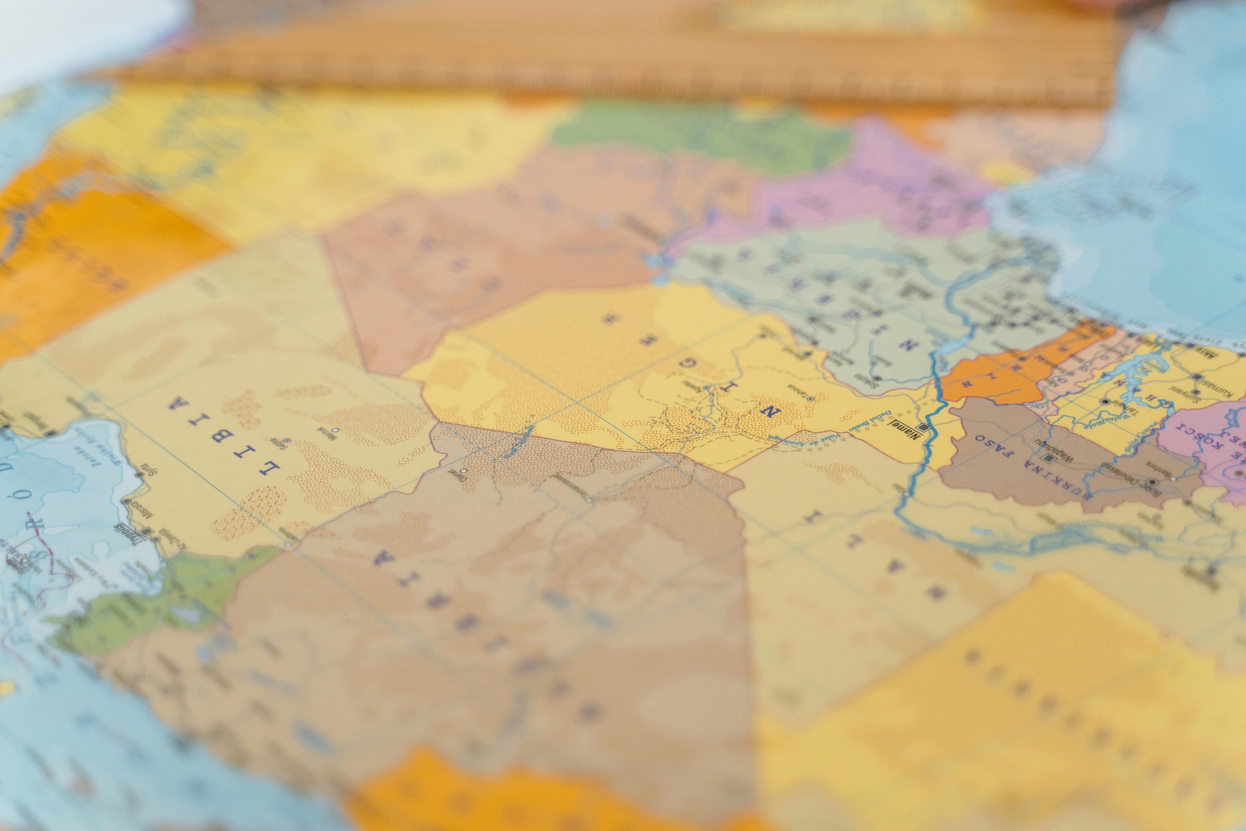 Close-up photo of a colorful world map featuring African countries.