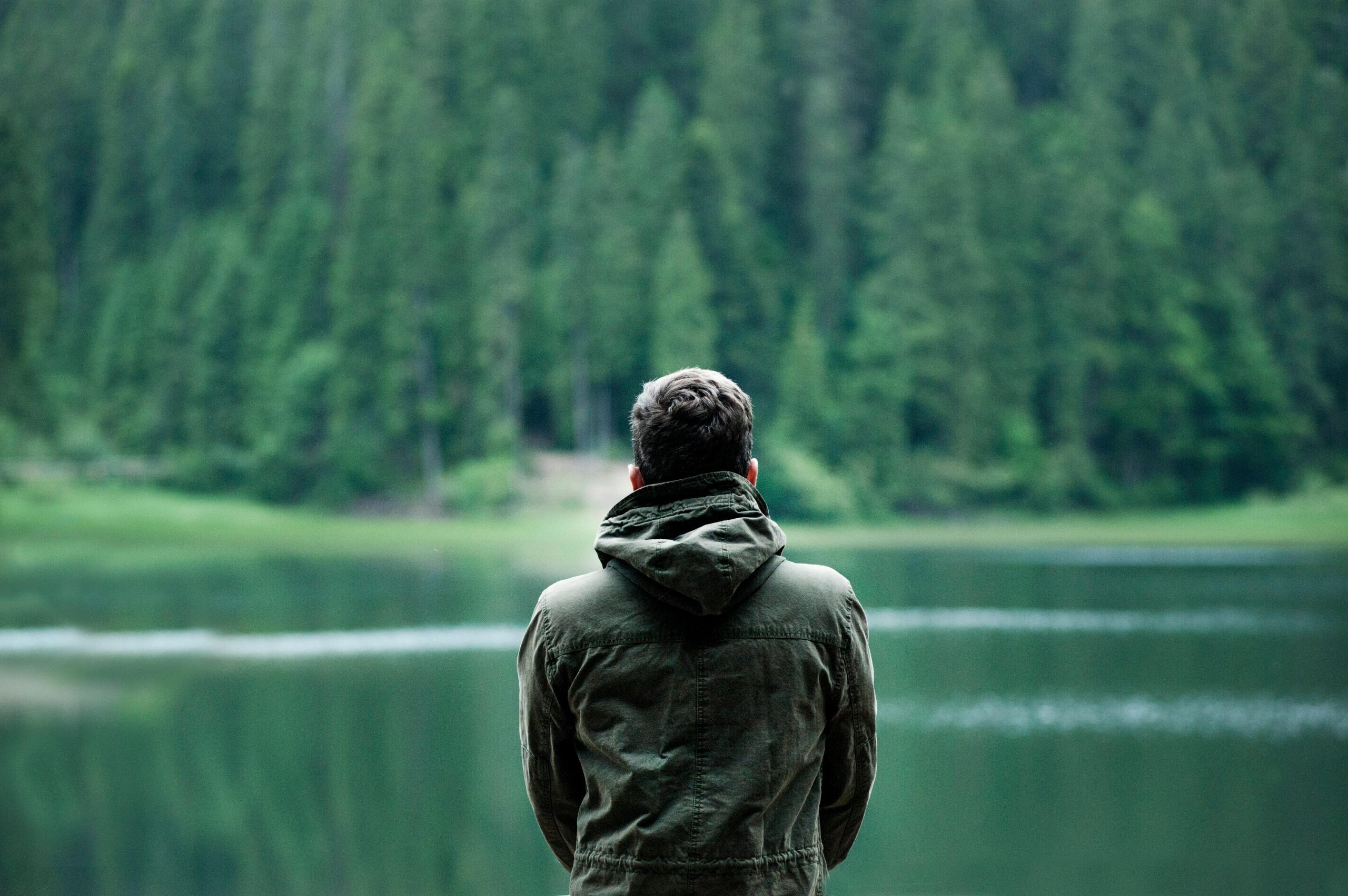 A person in a green jacket stands by a serene forest lake, capturing calming nature.