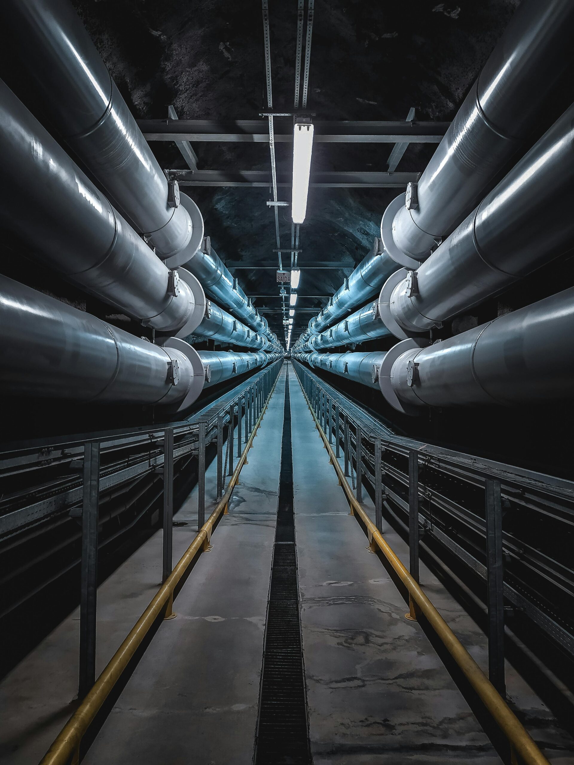 A dramatic view of a symmetric industrial tunnel lined with steel pipes.