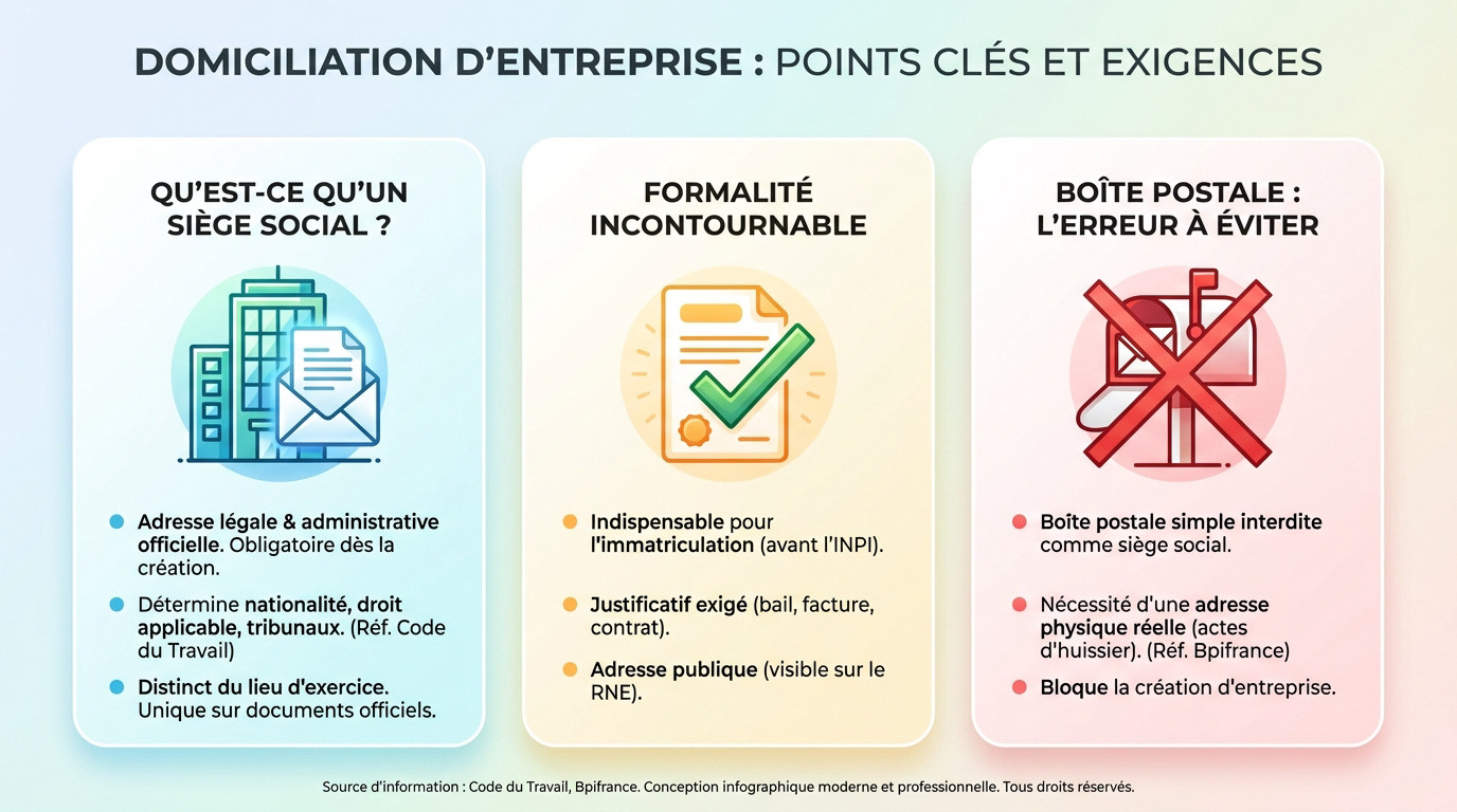 Schéma explicatif des exigences et points clés pour la domiciliation d'entreprise