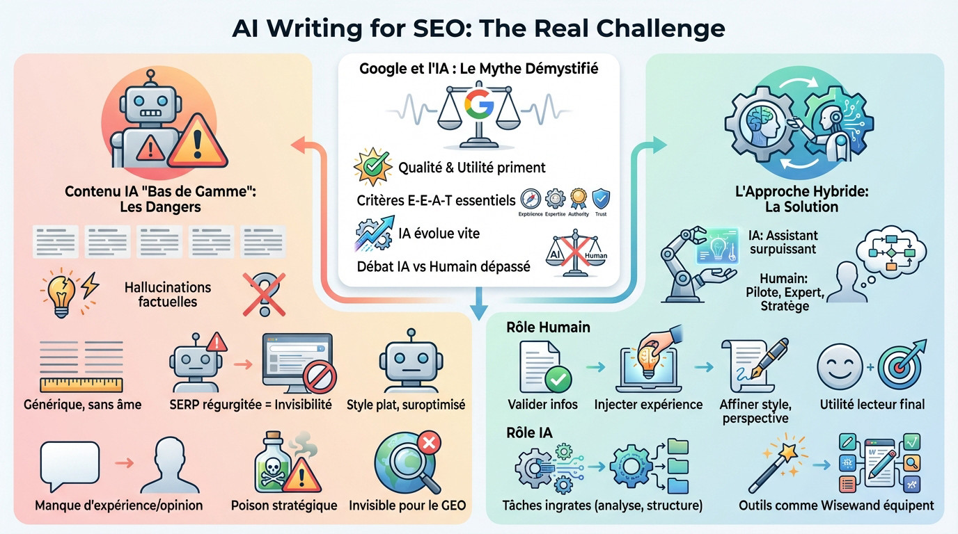 Schéma illustrant la différence entre la rédaction IA générique et l'approche hybride pour le SEO