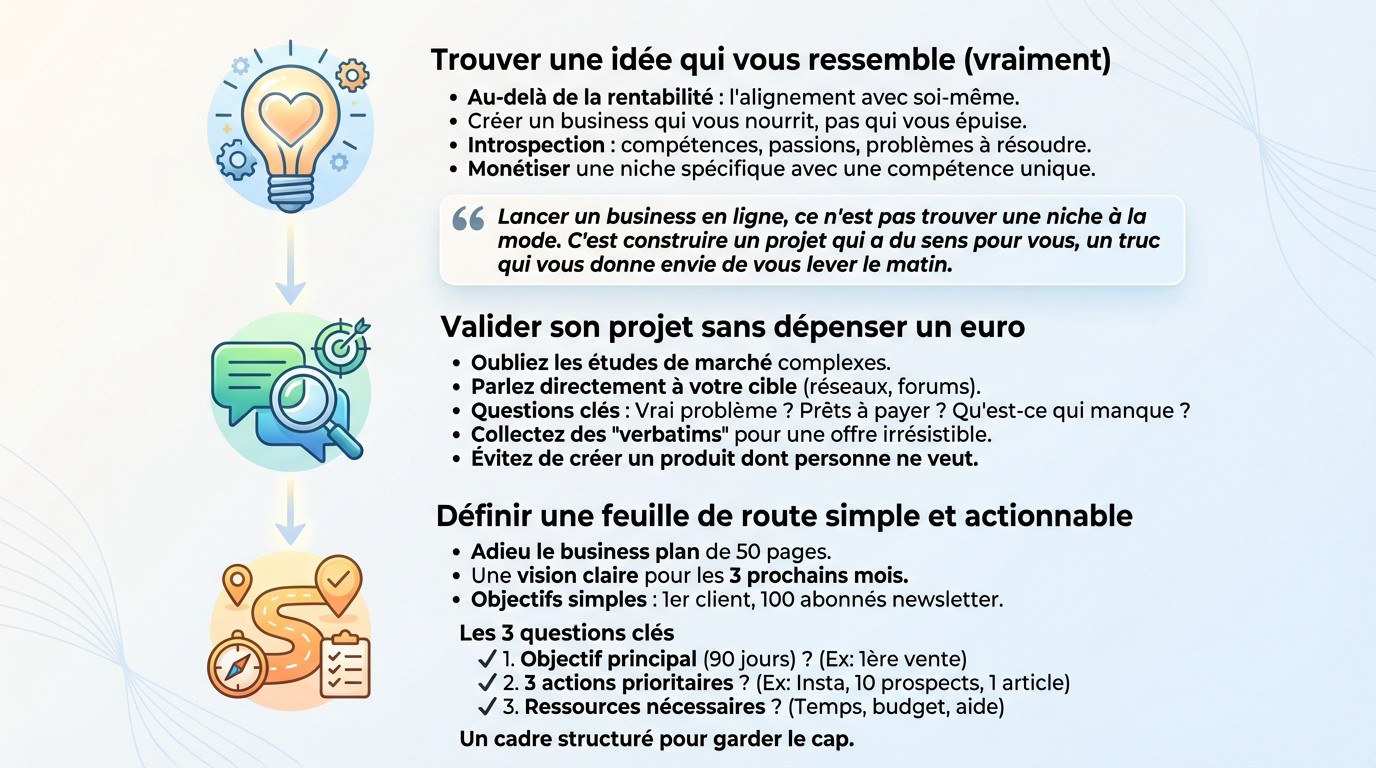 Schéma des 3 étapes clés pour réussir le lancement de son projet en ligne : idée, validation et feuille de route