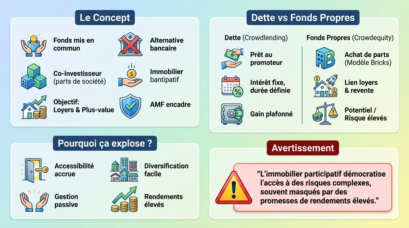 Schéma explicatif des flux financiers de l'investissement immobilier participatif entre investisseurs et projets
