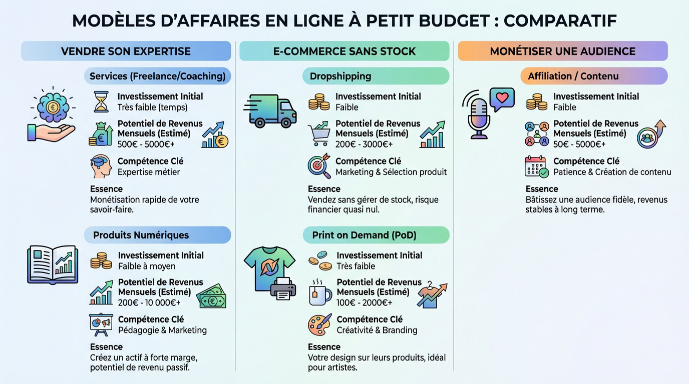 Comparatif visuel des modèles économiques en ligne : investissement vs rentabilité