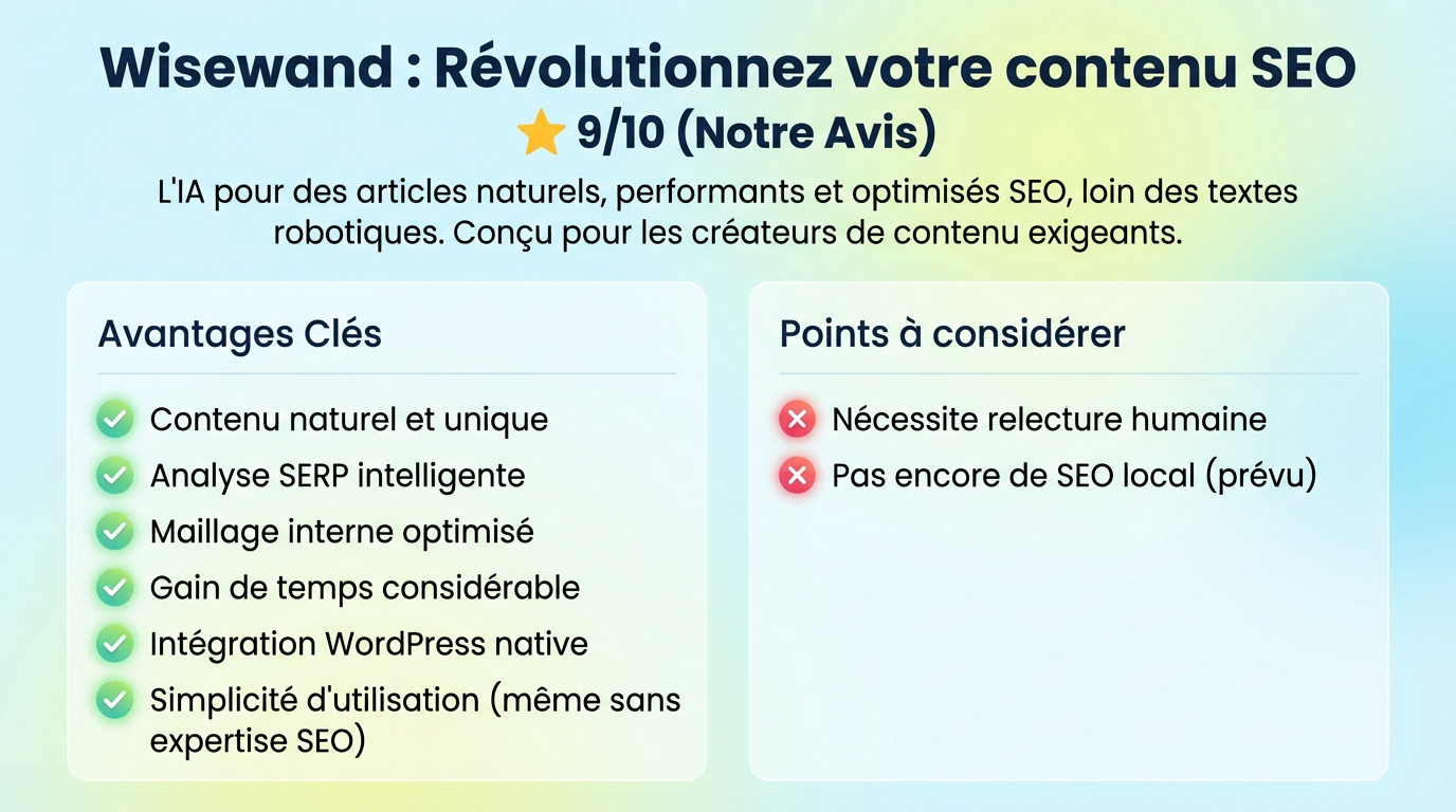 Interface de Wisewand illustrant la génération de contenu SEO et l'analyse sémantique