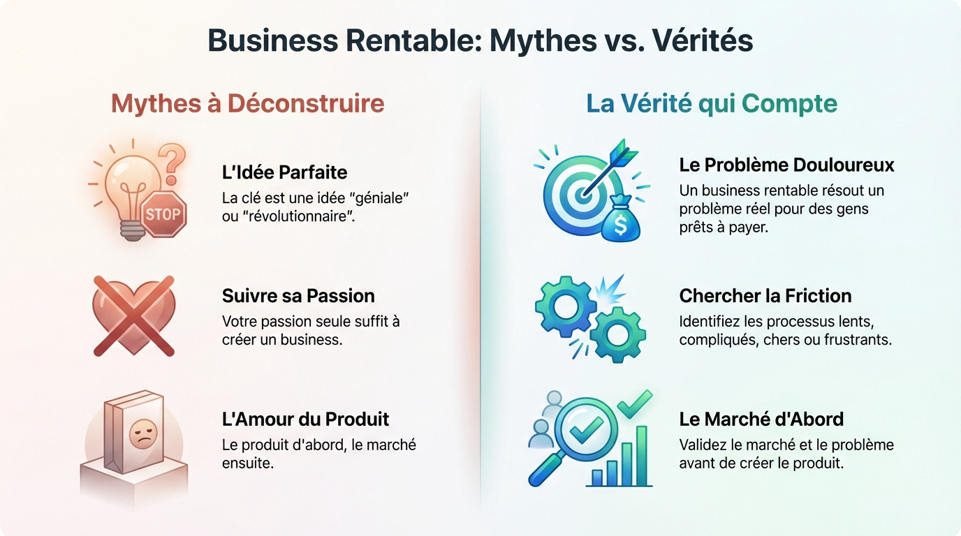 Schéma comparant le mythe de l'idée géniale à la réalité d'un business rentable basé sur la résolution de problèmes