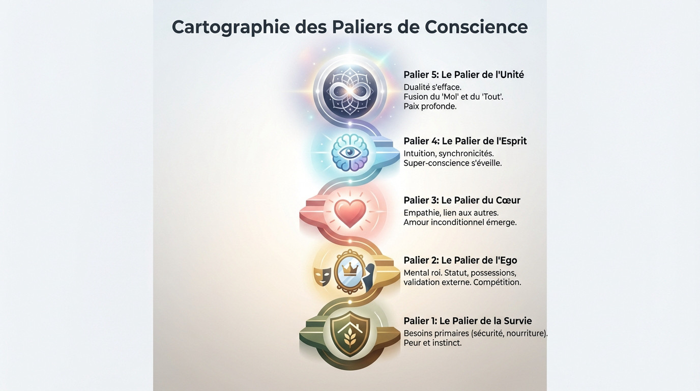 Schéma illustrant les différents niveaux d'évolution spirituelle et de conscience