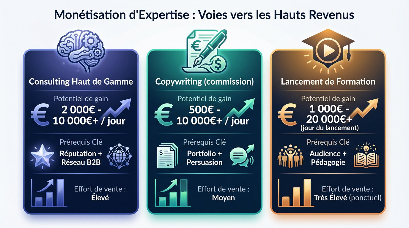 gagner 10000 euros en 1 journée 3 Schéma illustrant les leviers de monétisation d'expertise pour atteindre des revenus élevés