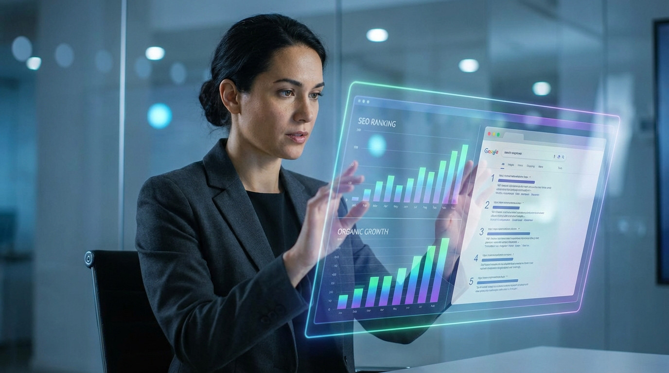 A businesswoman interacts with a glowing holographic screen displaying SEO ranking charts and Google search results in a modern office.
