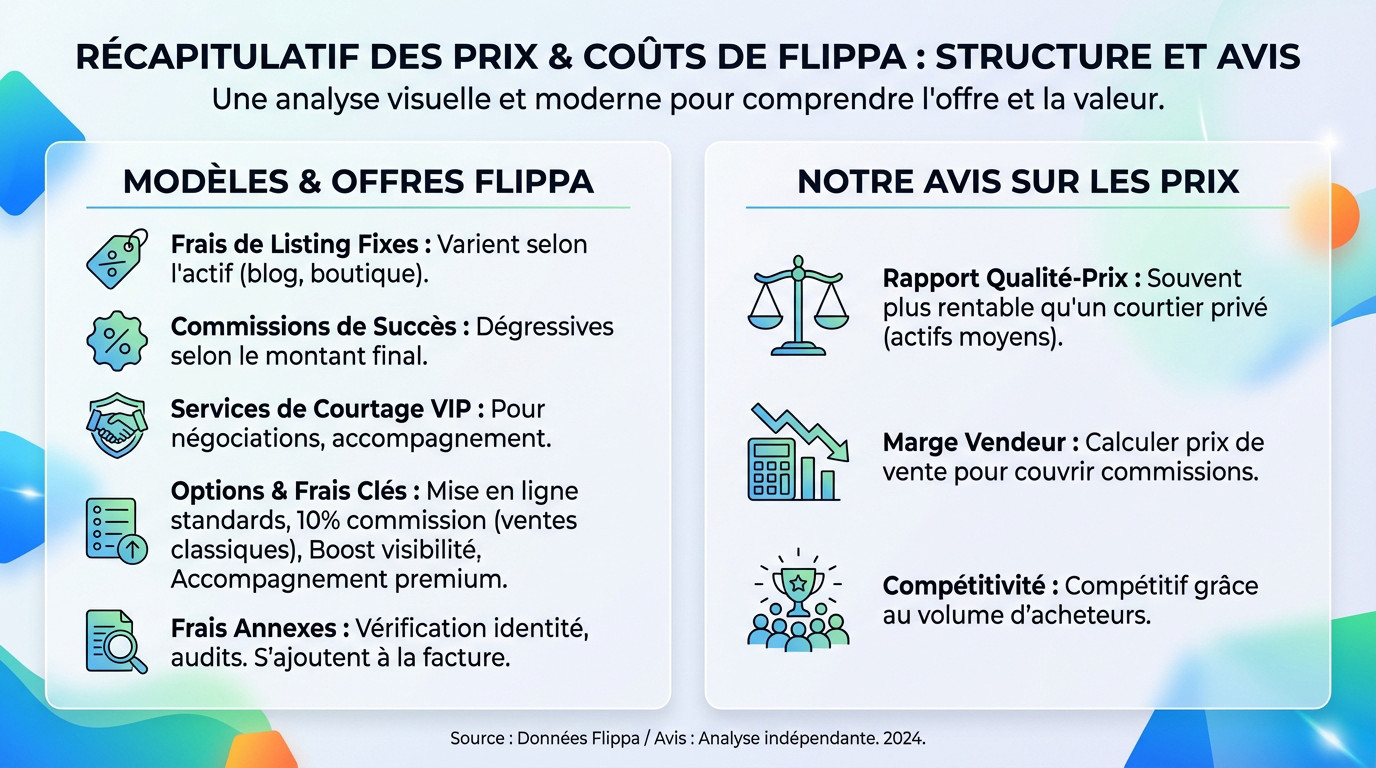 Structure des prix et commissions sur la plateforme Flippa pour la vente d'actifs numériques