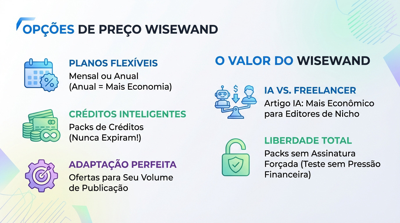 Tabela de preços e planos do assistente inteligência artificial Wisewand