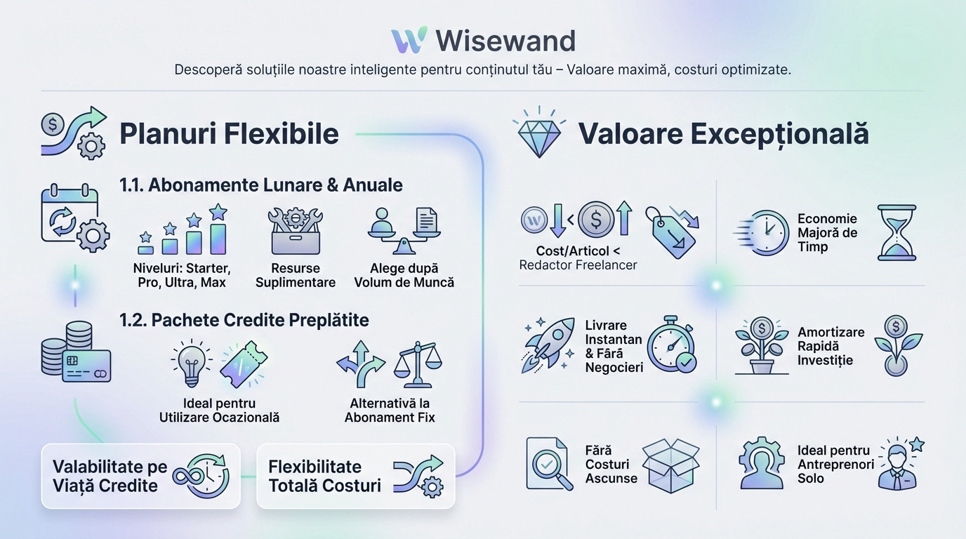 Wisewand: Asistent IA pentru texte SEO și imagini 4K 3 planuri tarifare flexibile wisewand pentru generare articole seo