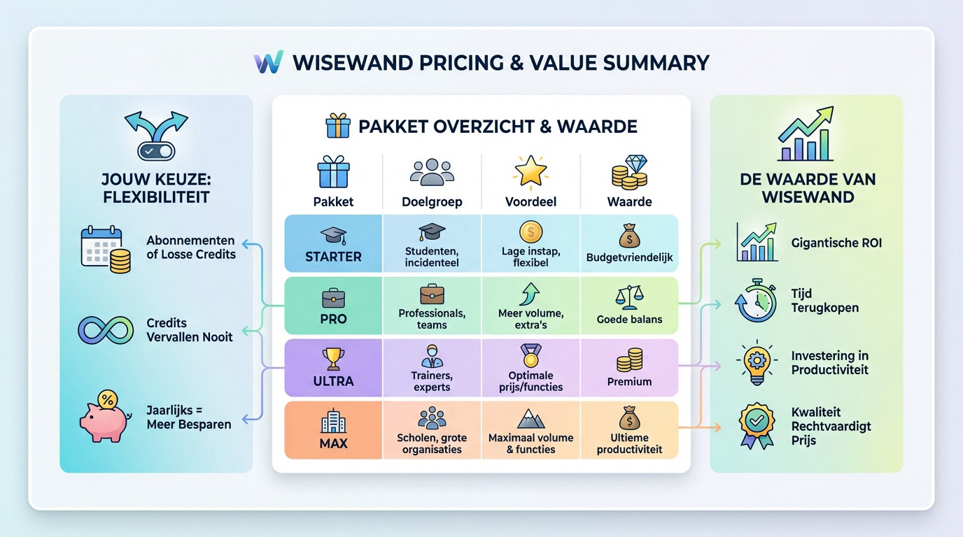 Overzicht van Wisewand tarieven en pakketten voor AI content generatie