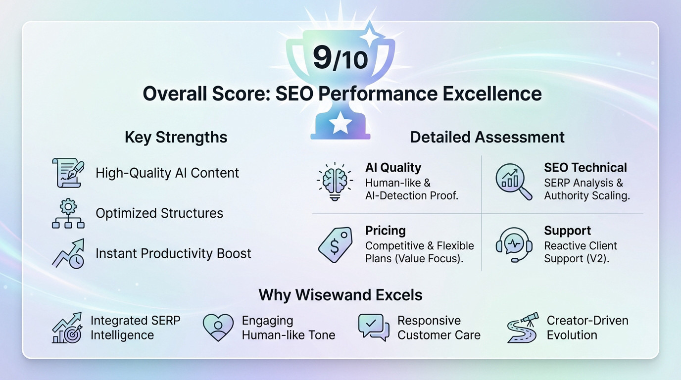 Wisewand Review: Rank Your Humanized SEO Content In 2026 3 Wisewand SEO performance review showing a 9 out of 10 score