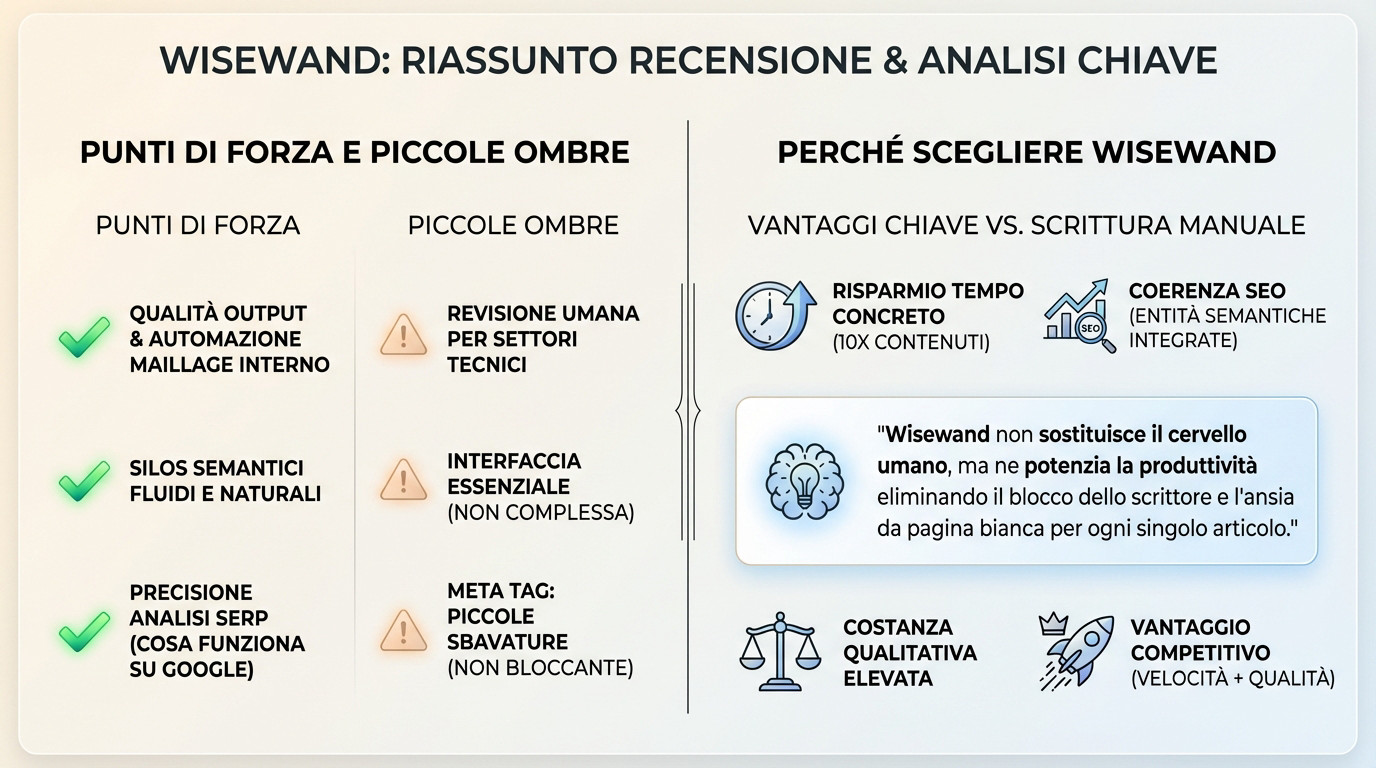 Infografica riassuntiva della recensione di Wisewand e analisi delle funzionalità SEO