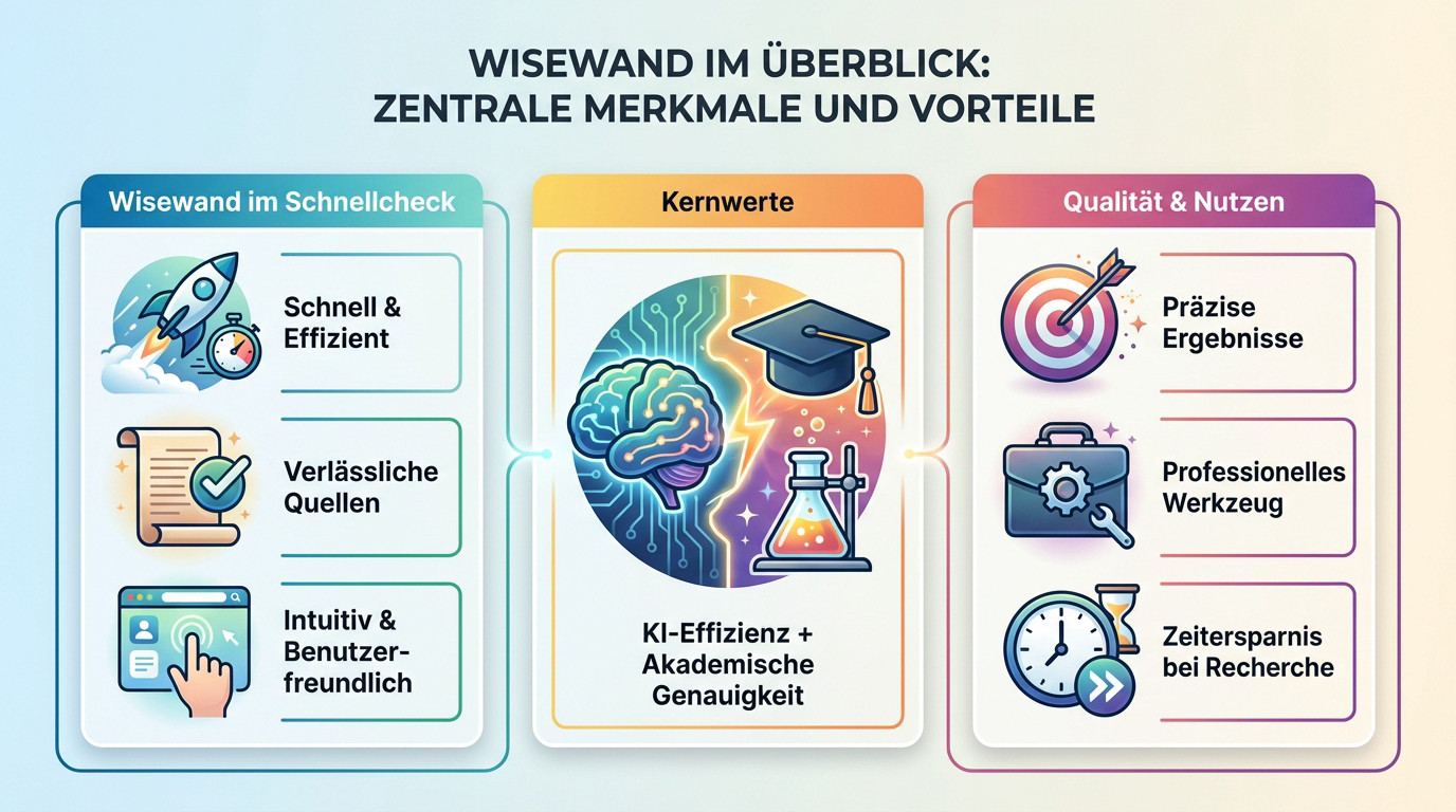 Infografik Wisewand: Funktionen wie schnelle, zuverlässige KI-Recherche, intuitive Bedienung, akademische Genauigkeit und Zeitersparnis.