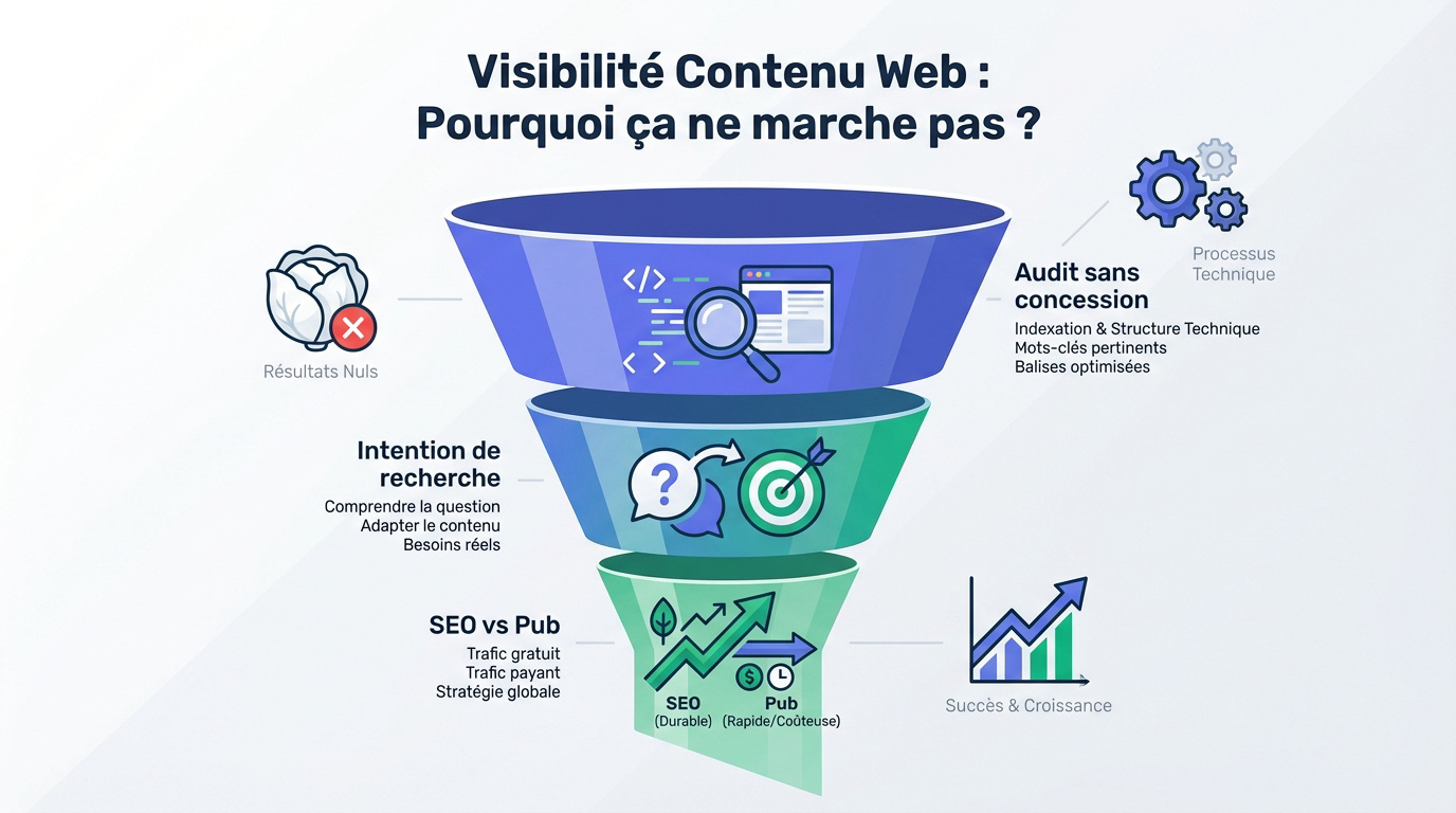 Schéma expliquant les causes de l'échec d'un contenu web et l'entonnoir de conversion SEO