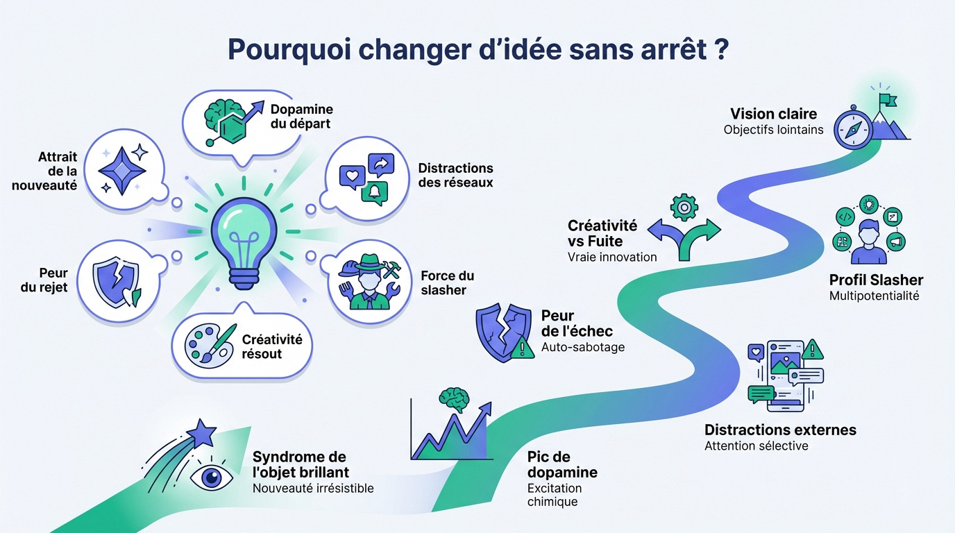 Infographie expliquant les causes psychologiques du changement constant d'idées de business