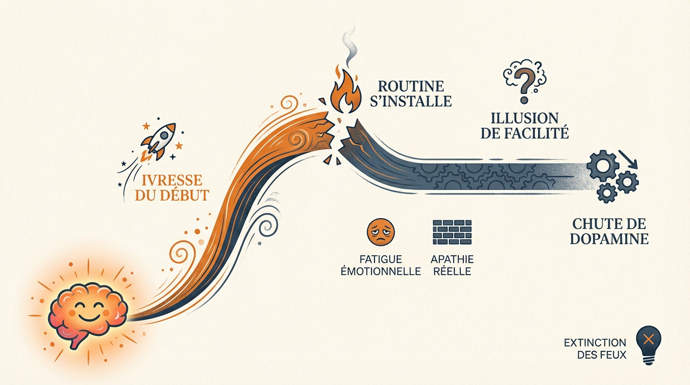 Perte de motivation au début : comment ne plus rien lâcher 2 Illustration de la chute de motivation entre l'euphorie du projet et l'apathie