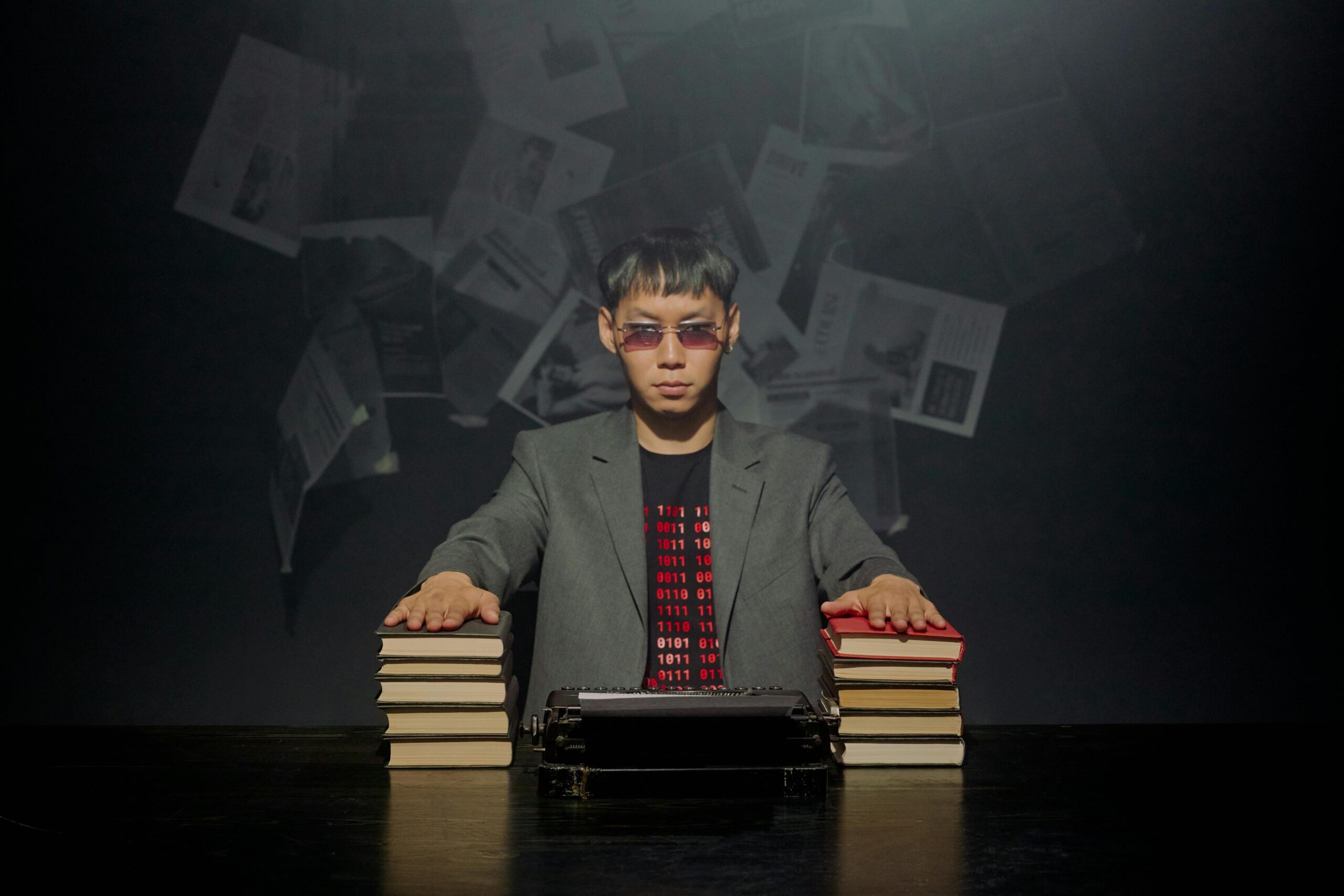 Asian man in suit and sunglasses with typewriter, surrounded by stacks of books. Dark artistic setting.