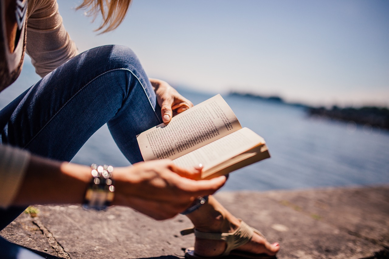 reading, book, girl, woman, nature, sunshine, lake, novel, open book, read, leisure, hobby