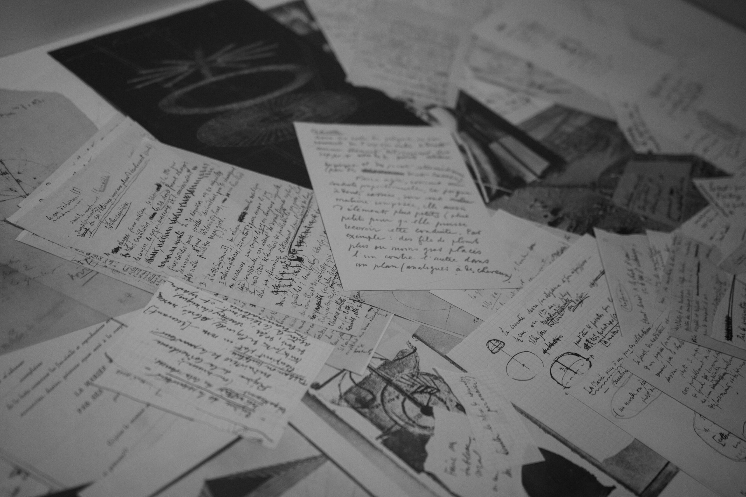 100 exercices pour améliorer son écriture 2 A collection of handwritten notes and sketches in black and white, scattered over a surface.