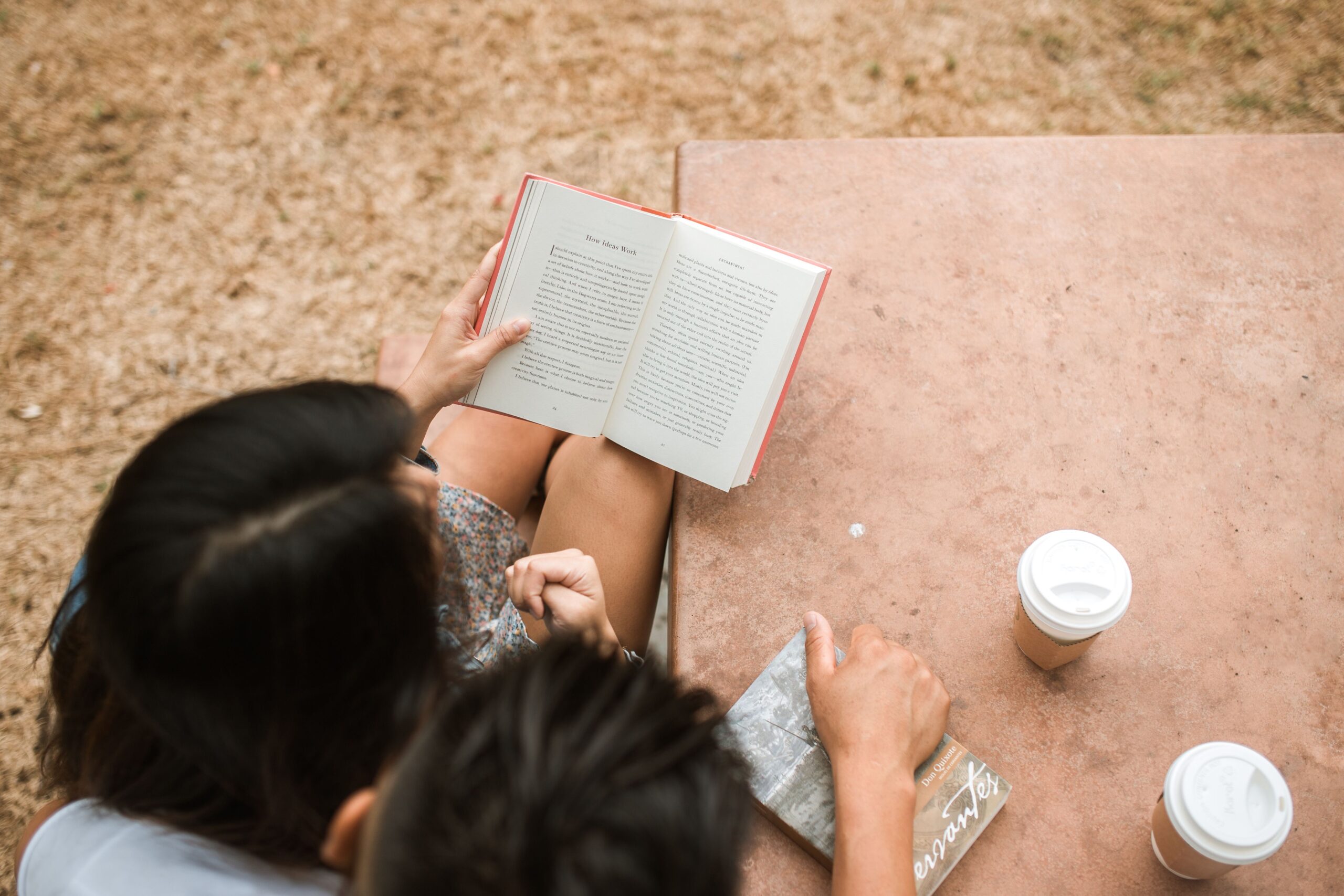 High angle view of a couple reading books together outdoors with coffee.