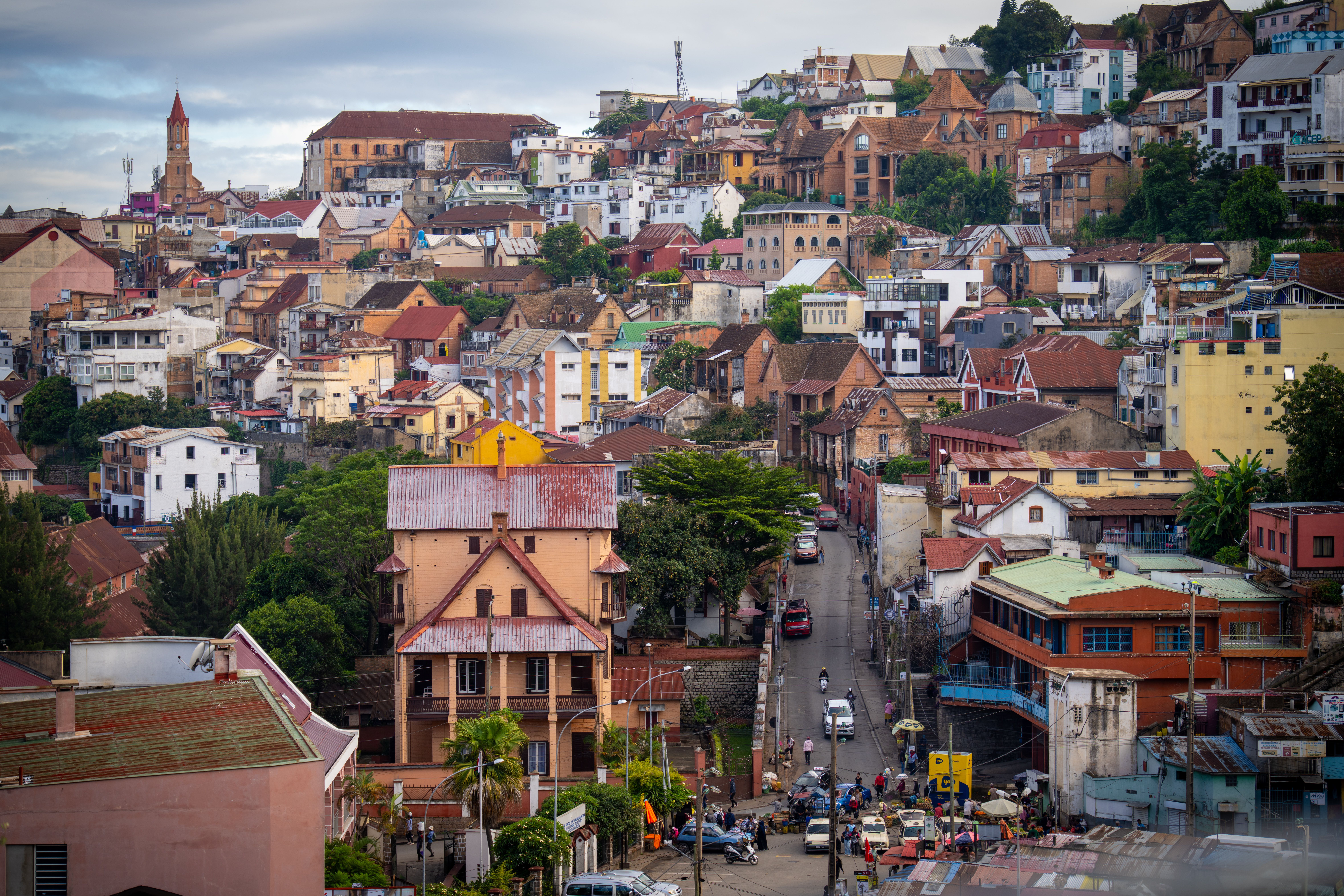 A vibrant aerial view of Antananarivo, Madagascar showcasing diverse architecture and bustling streets.